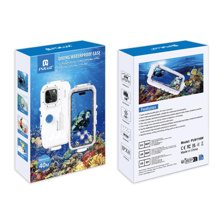 PULUZ 40m/130ft Waterproof Diving Case for 15 Pro Max / 15 Plus / iPhone 14 Plus / 14 Pro Max / 13 Pro Max / 12 Pro Max / 11 Pro Max, with One-way Valve Photo Video Taking Underwater Housing Cover, For iPhone 15 Pro Max / 15 Plus / 14 Plus             ...