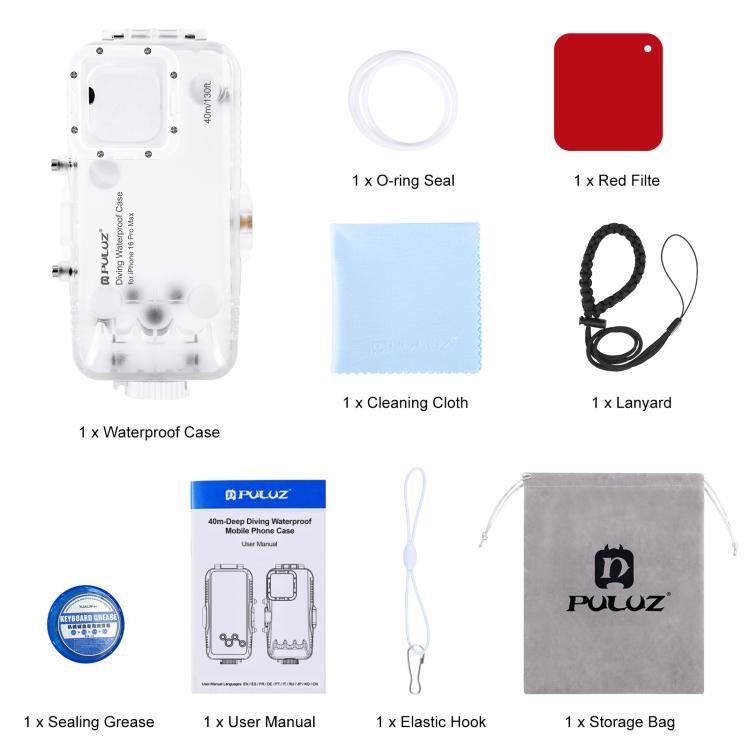 For iPhone 16 Pro Max PULUZ 40m/130ft Waterproof Diving Case with One-way Valve Photo Video Taking Underwater Housing Cover, For iPhone 16 Pro Max (Transparent)