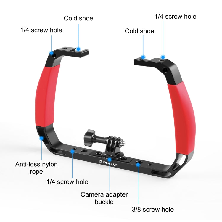 PULUZ Dual Silicone Handles Aluminium Alloy Underwater Diving Rig for GoPro, DJI OSMO Action, Insta360 and Other Action Cameras (Red)