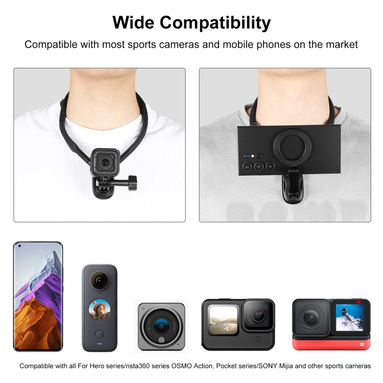 PULUZ Magnetic Collar Bracket POV View Mount with Phone Clamp for GoPro Action Cameras / Phones (Black)
