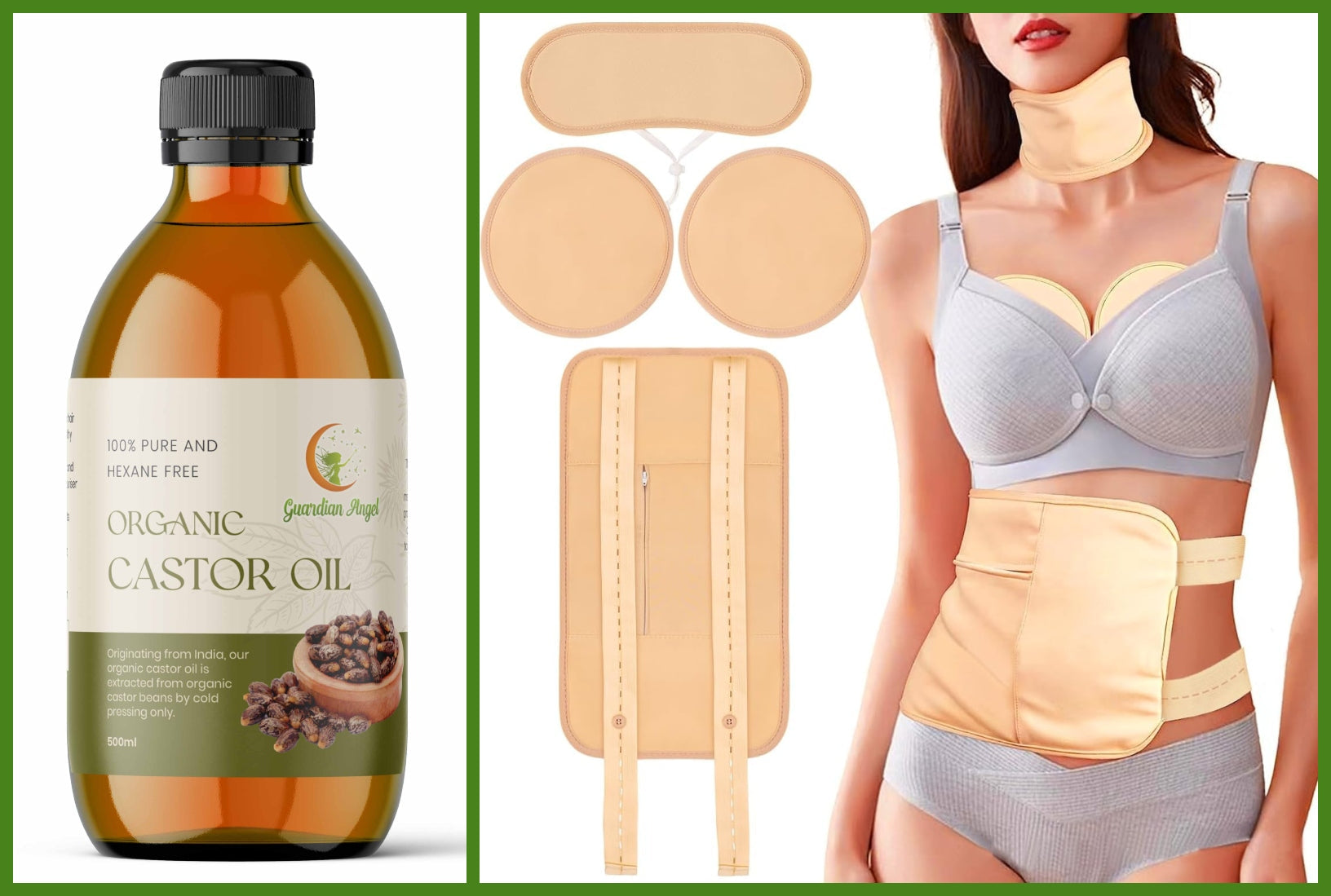 Organic Castor Oil 4 Piece Pack with a Body, a Neck & a Chest/Breast Wrap (Up to 40" Waist)