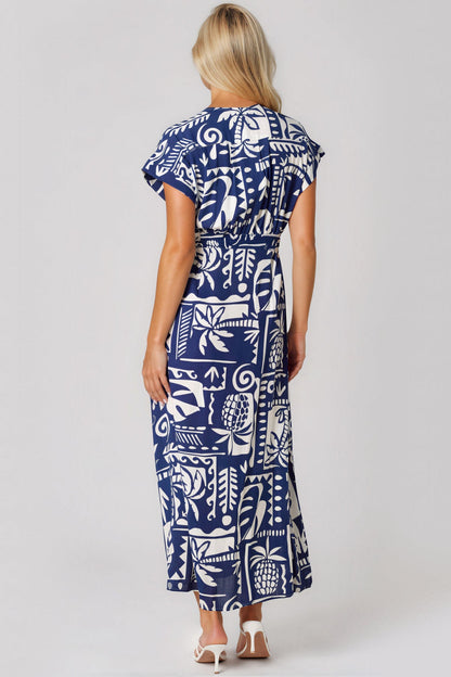 Royal Blue Tropical Print Tie Waist Maxi Dress