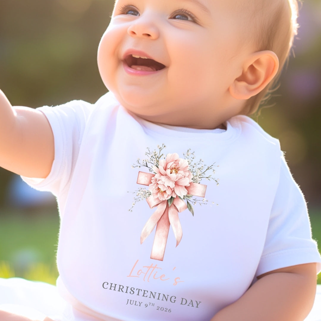 Personalised Flower Cross Christening Baby Grow, Vest or Bib with Name
