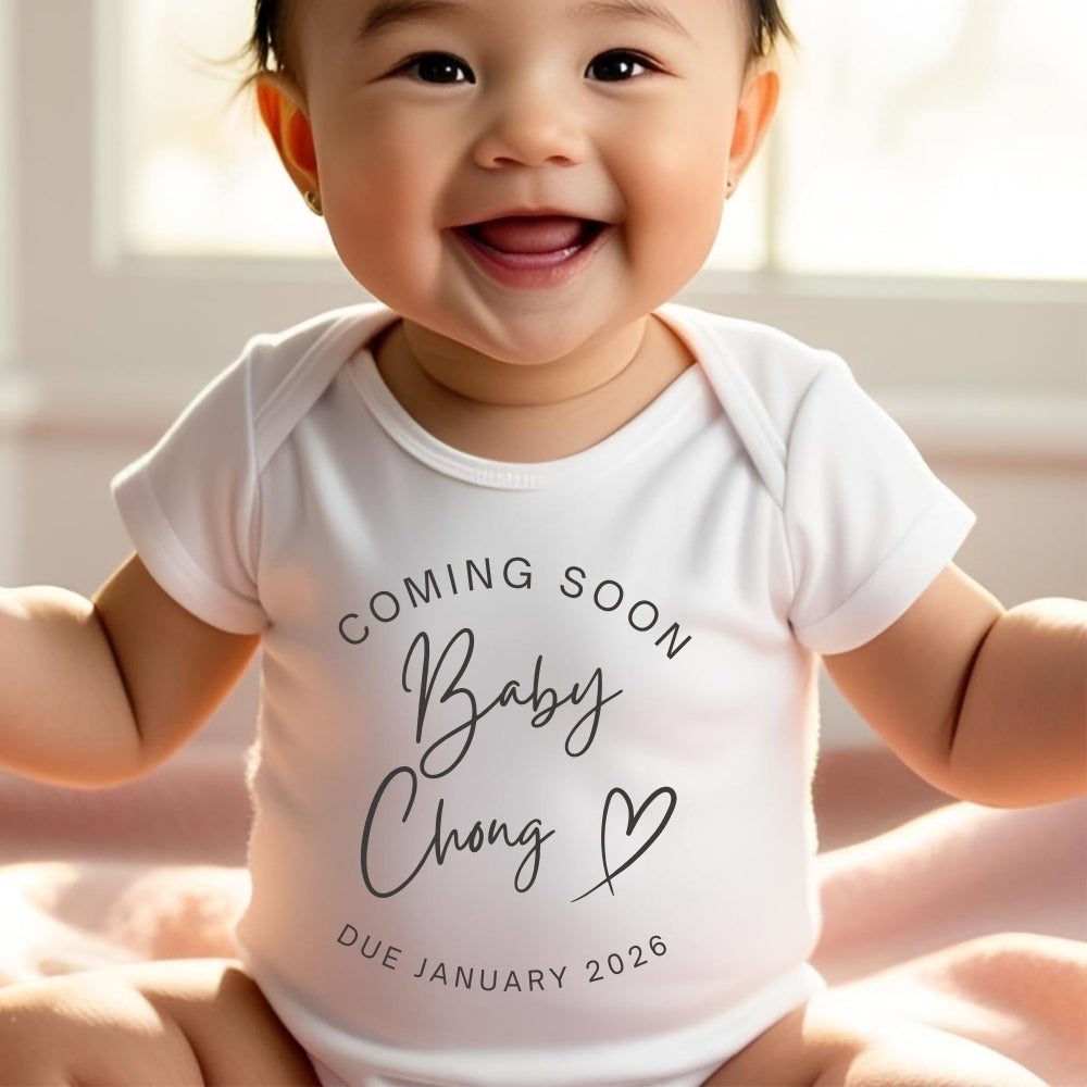 Personalised Coming Soon Baby Grow, Vest or Bib with Name
