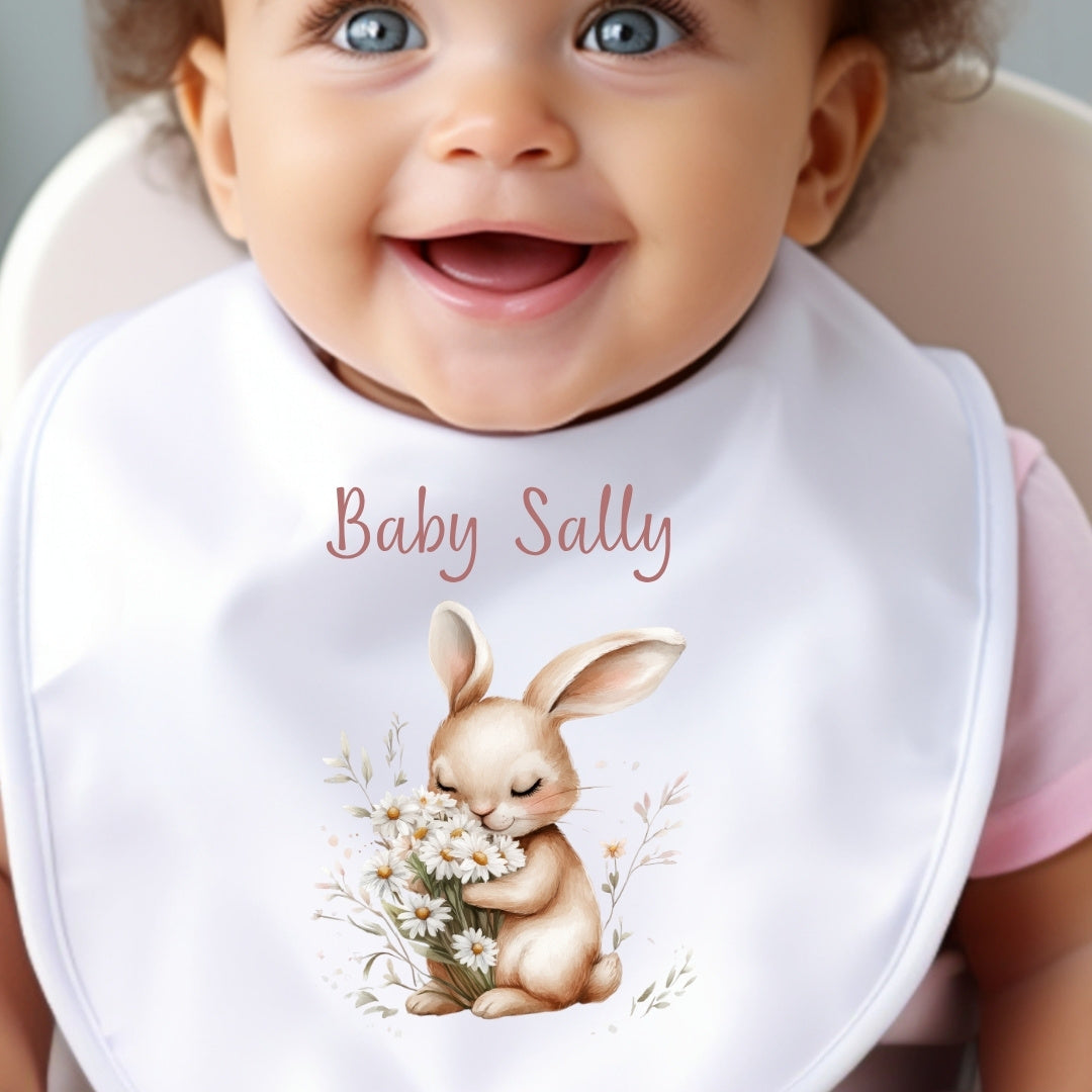 Personalised Daisy Bunny Baby Grow, Vest or Bib with Name