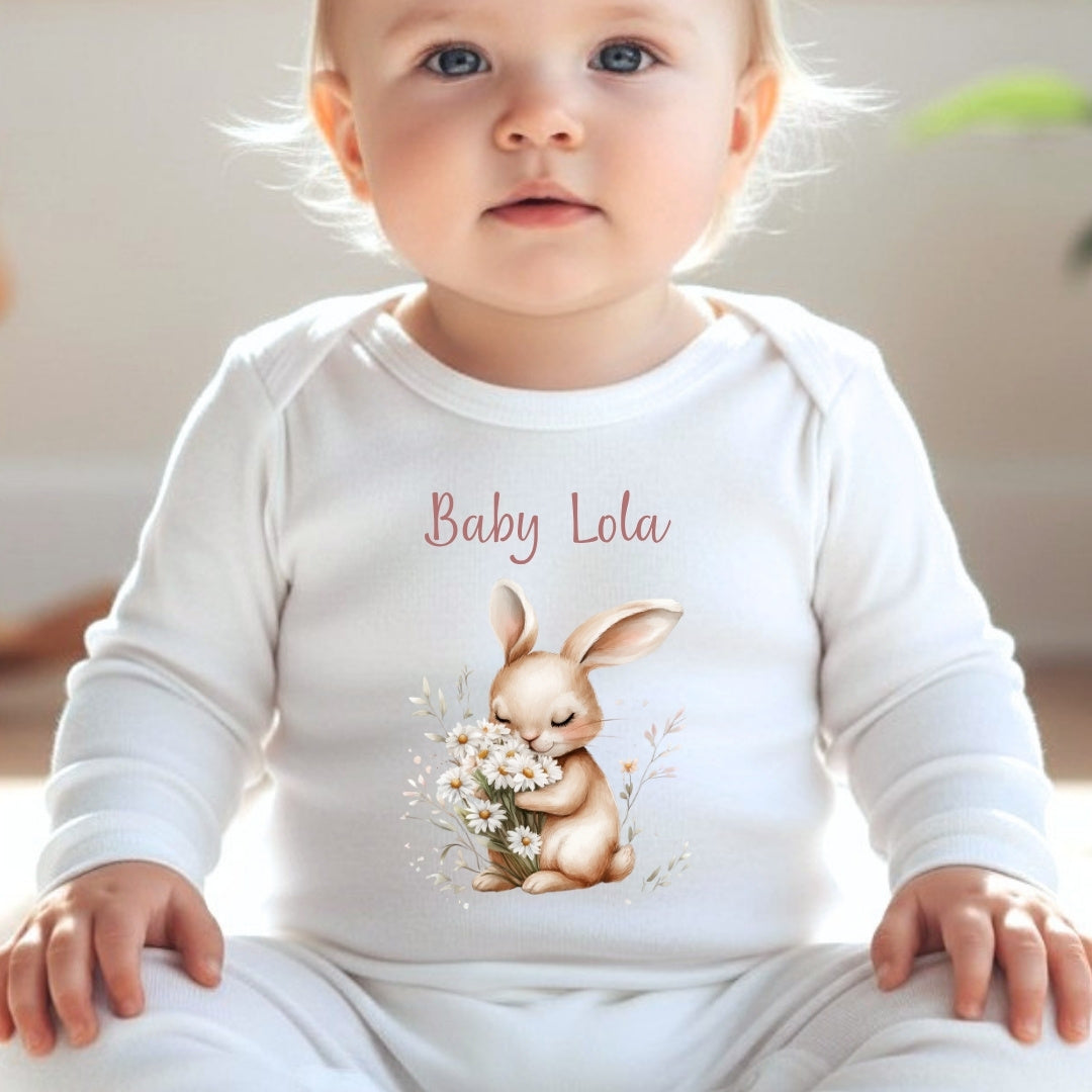 Personalised Daisy Bunny Baby Grow, Vest or Bib with Name