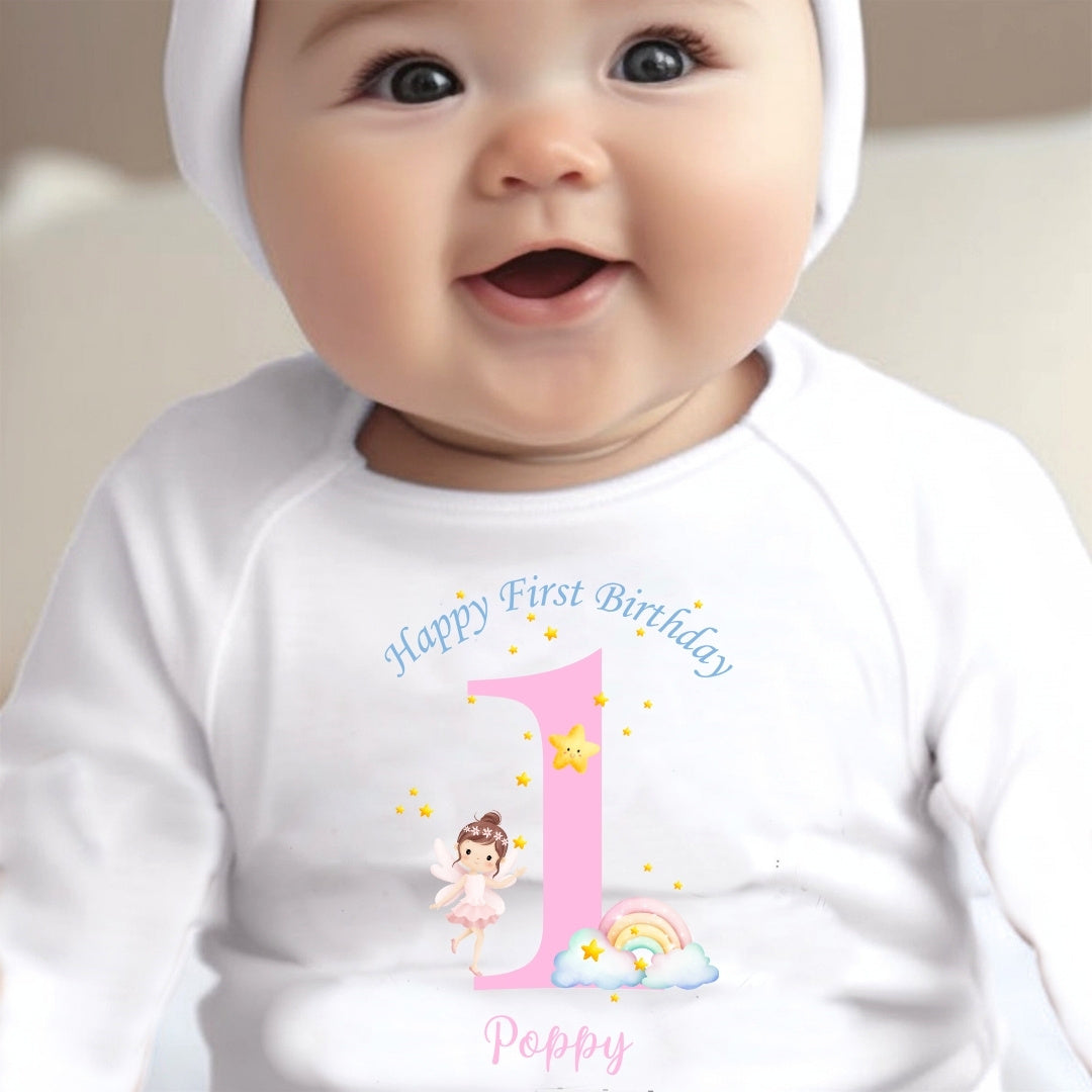 Personalised 1st Birthday Fairy Baby Grow, Vest or Bib with Name