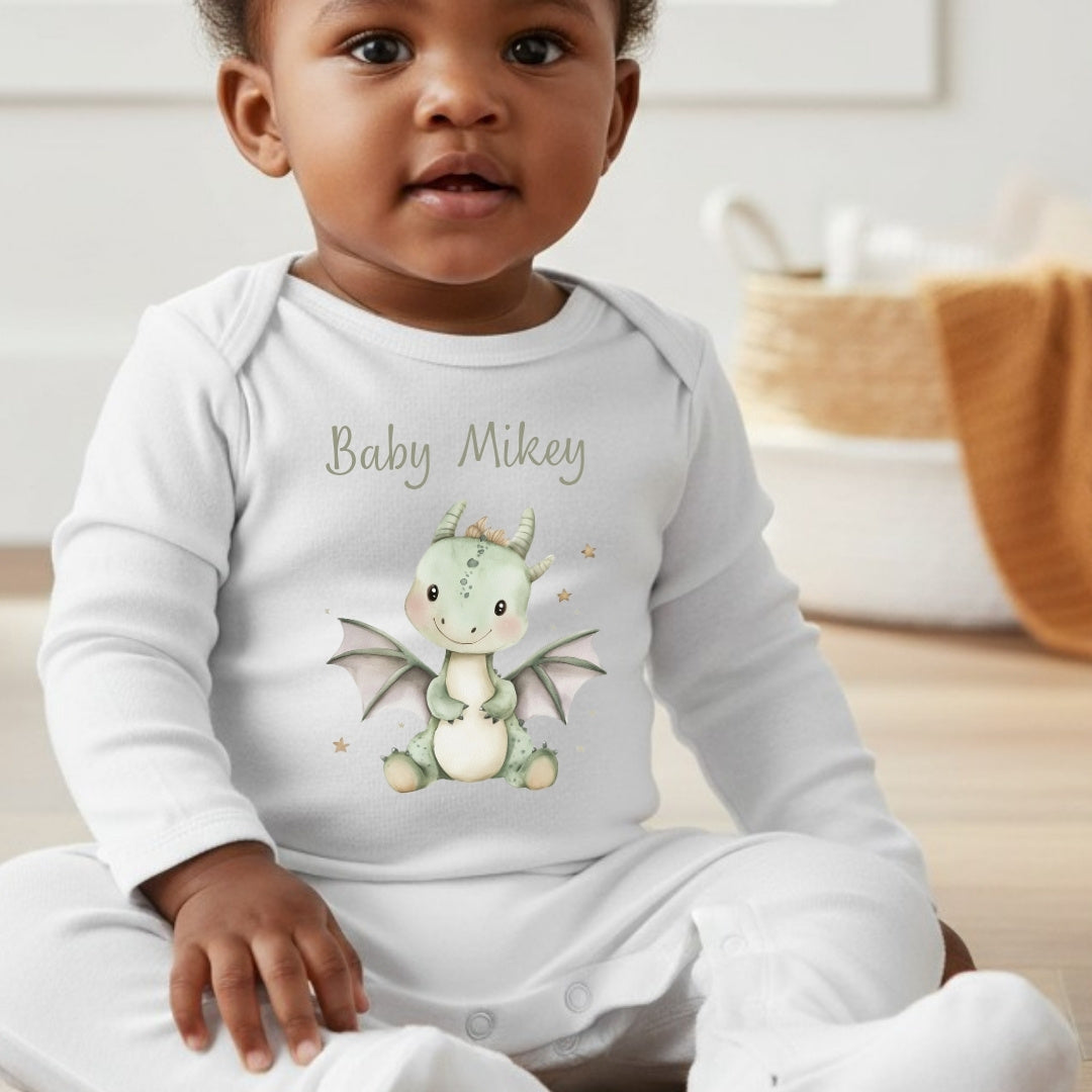 Personalised Little Green Dinosaur Baby Grow, Vest or Bib with Name