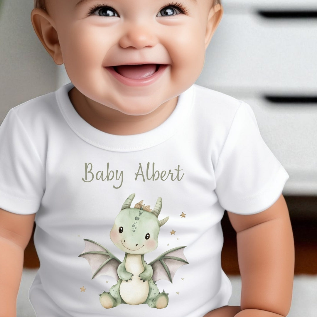 Personalised Little Green Dinosaur Baby Grow, Vest or Bib with Name