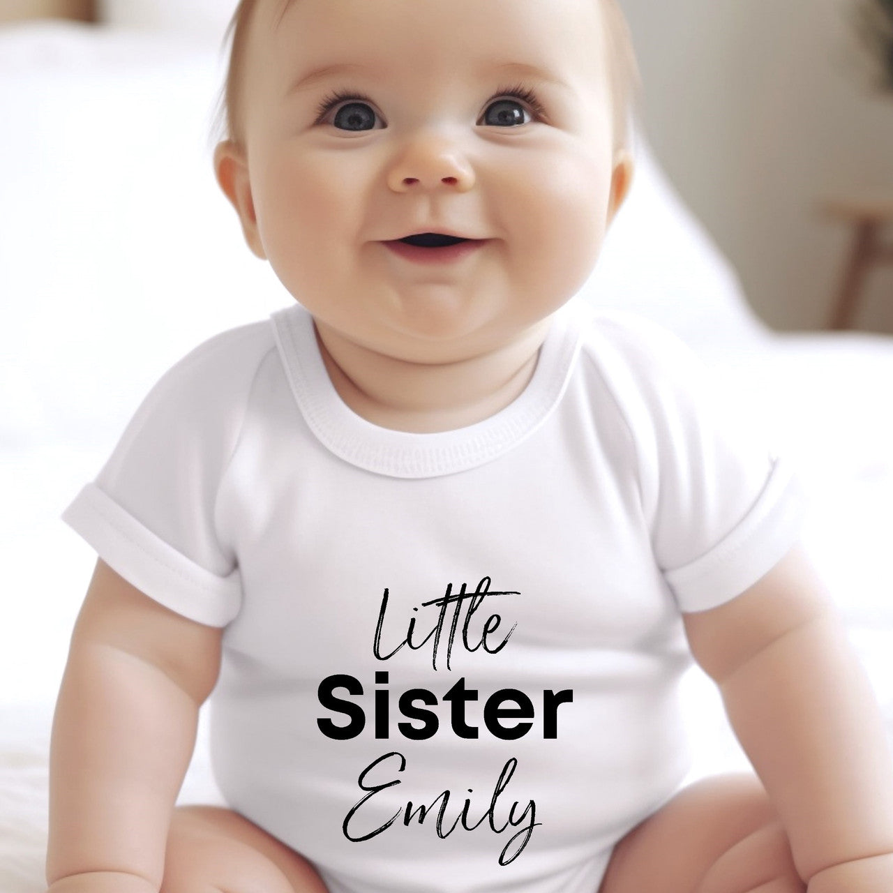 Personalised Black Little Sister Baby Grow, Vest or Bib with Name