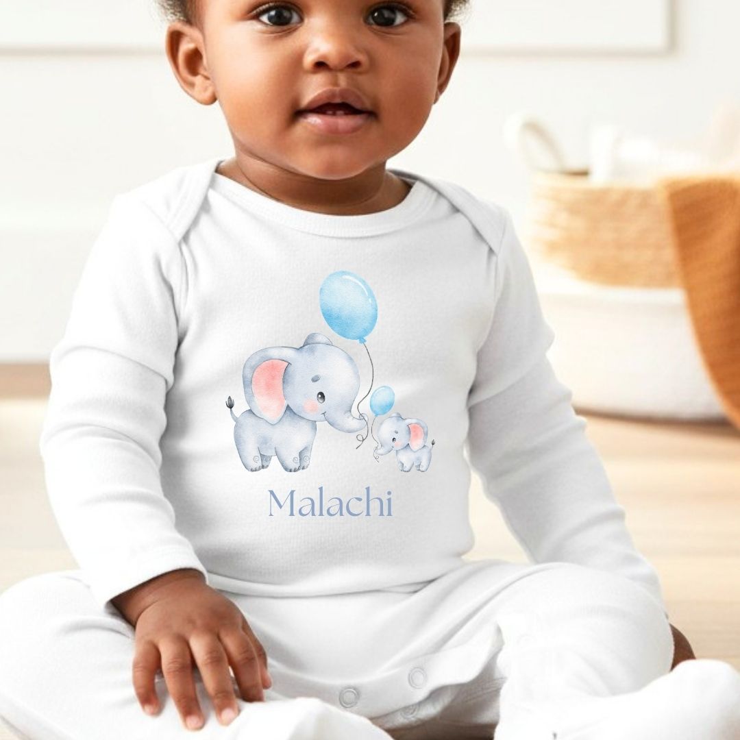 Personalised Little Elephants Baby Grow, Vest or Bib with Name
