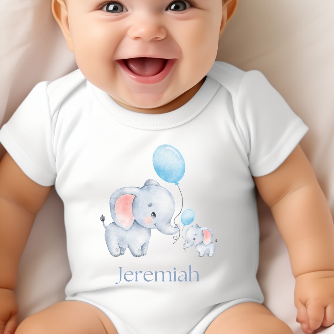 Personalised Little Elephants Baby Grow, Vest or Bib with Name