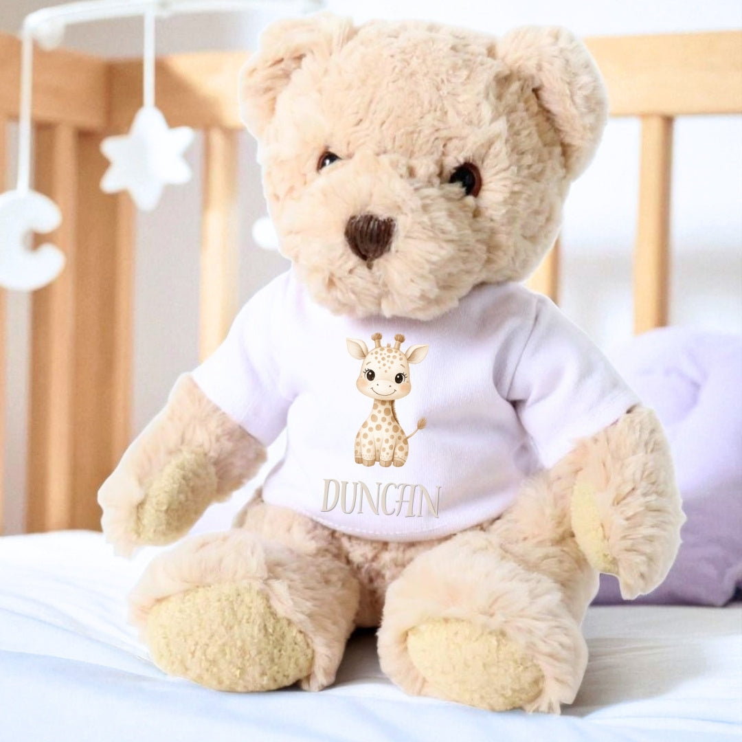 Personalised Luxury Teddy Bear with Little Giraffe Name T-Shirt