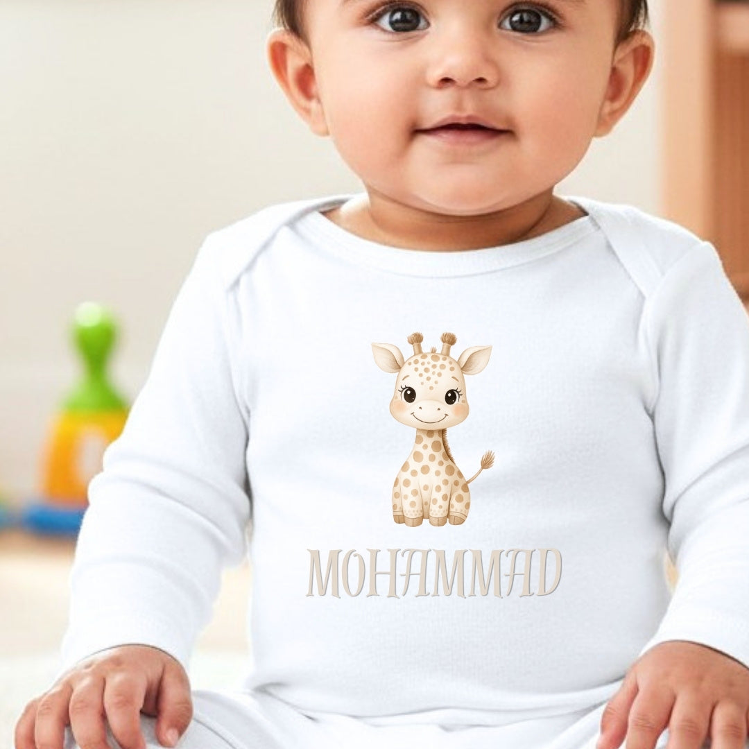 Personalised Little Giraffe Baby Grow, Vest or Bib with Name