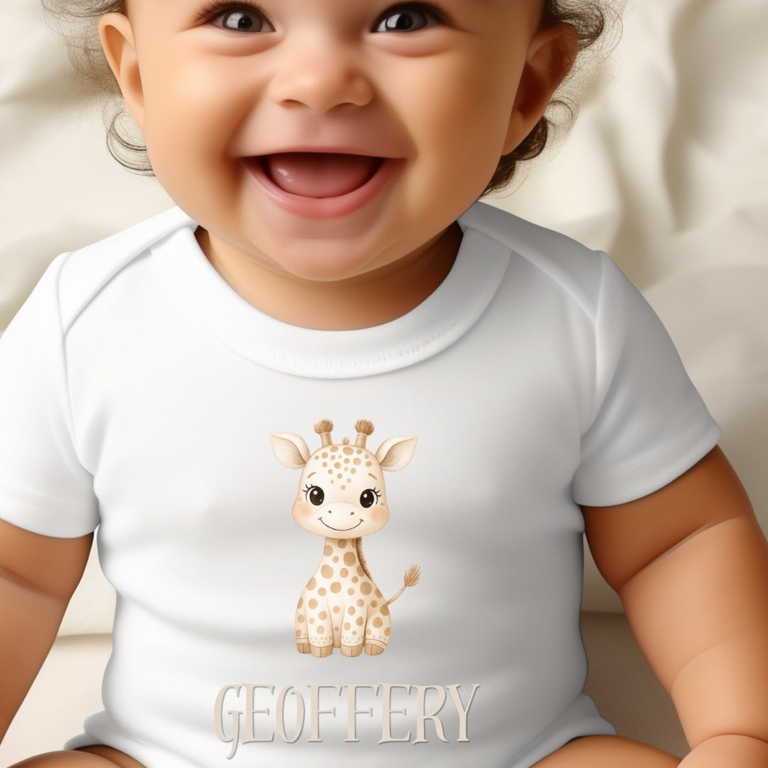 Personalised Little Giraffe Baby Grow, Vest or Bib with Name