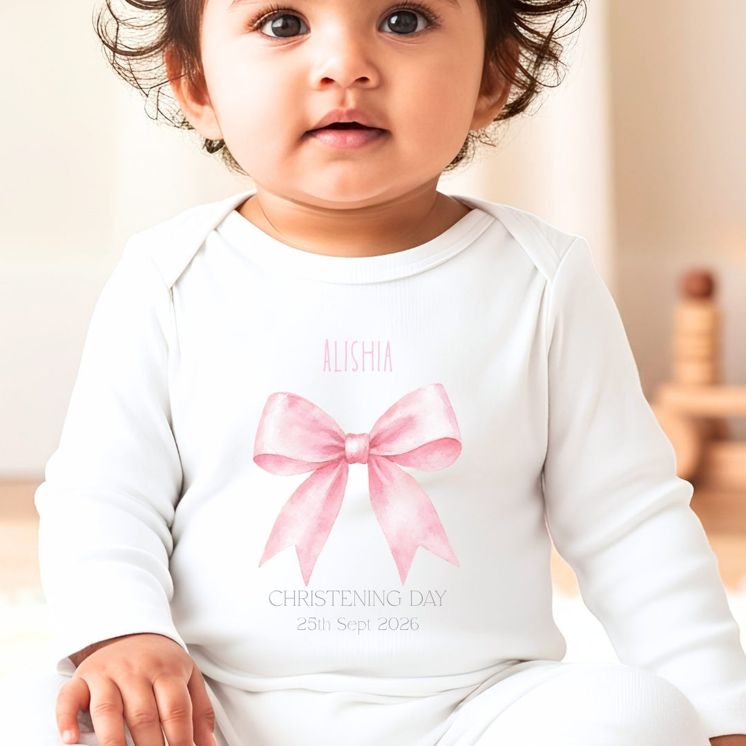 Personalised Pink Bow Christening Baby Grow, Vest or Bib with Name