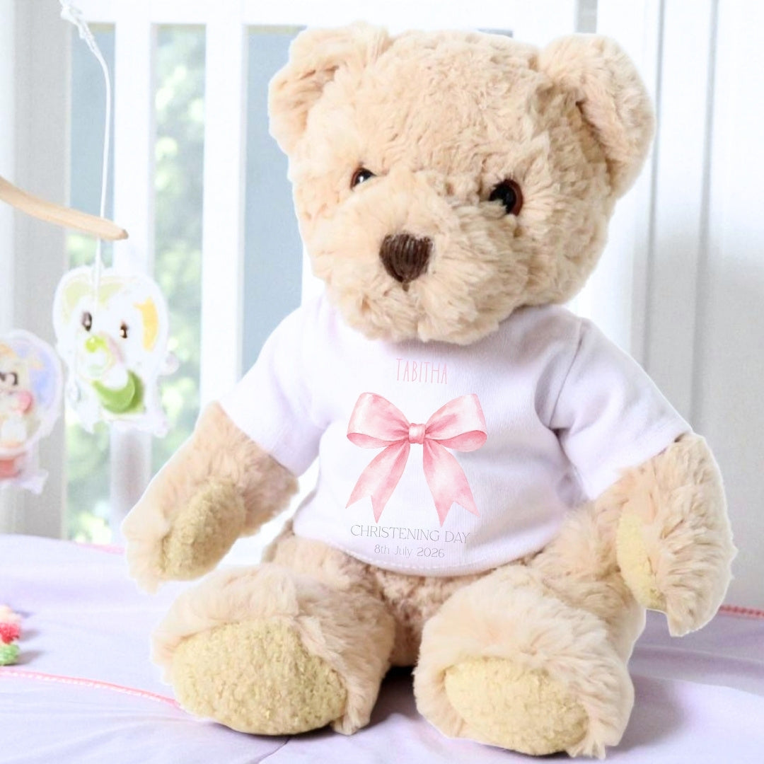 Personalised Luxury Teddy Bear with Pink Bow Christening Day T-Shirt
