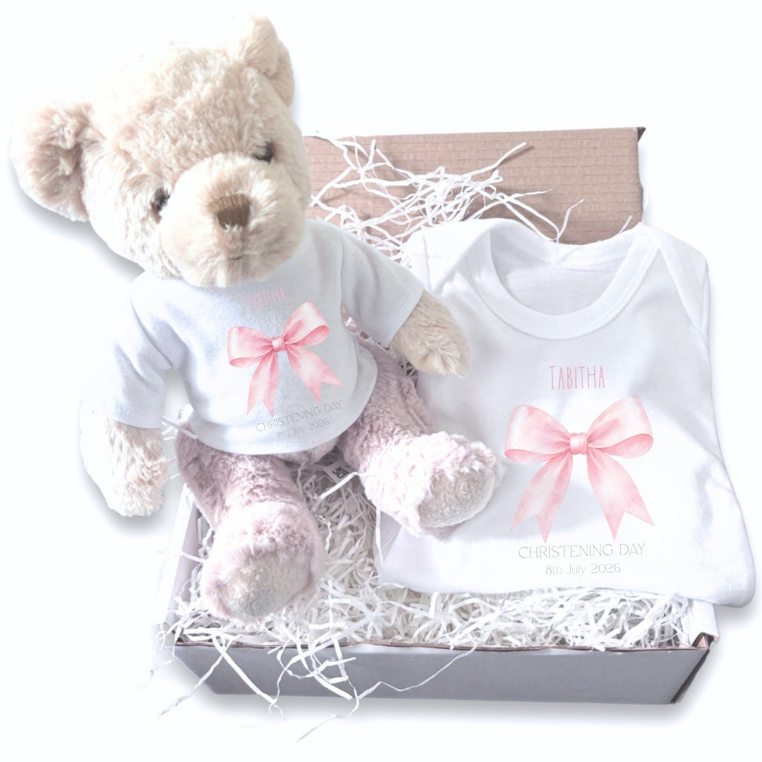 Personalised Pink Bow Christening Day Baby Gift Hamper - Teddy & Vest