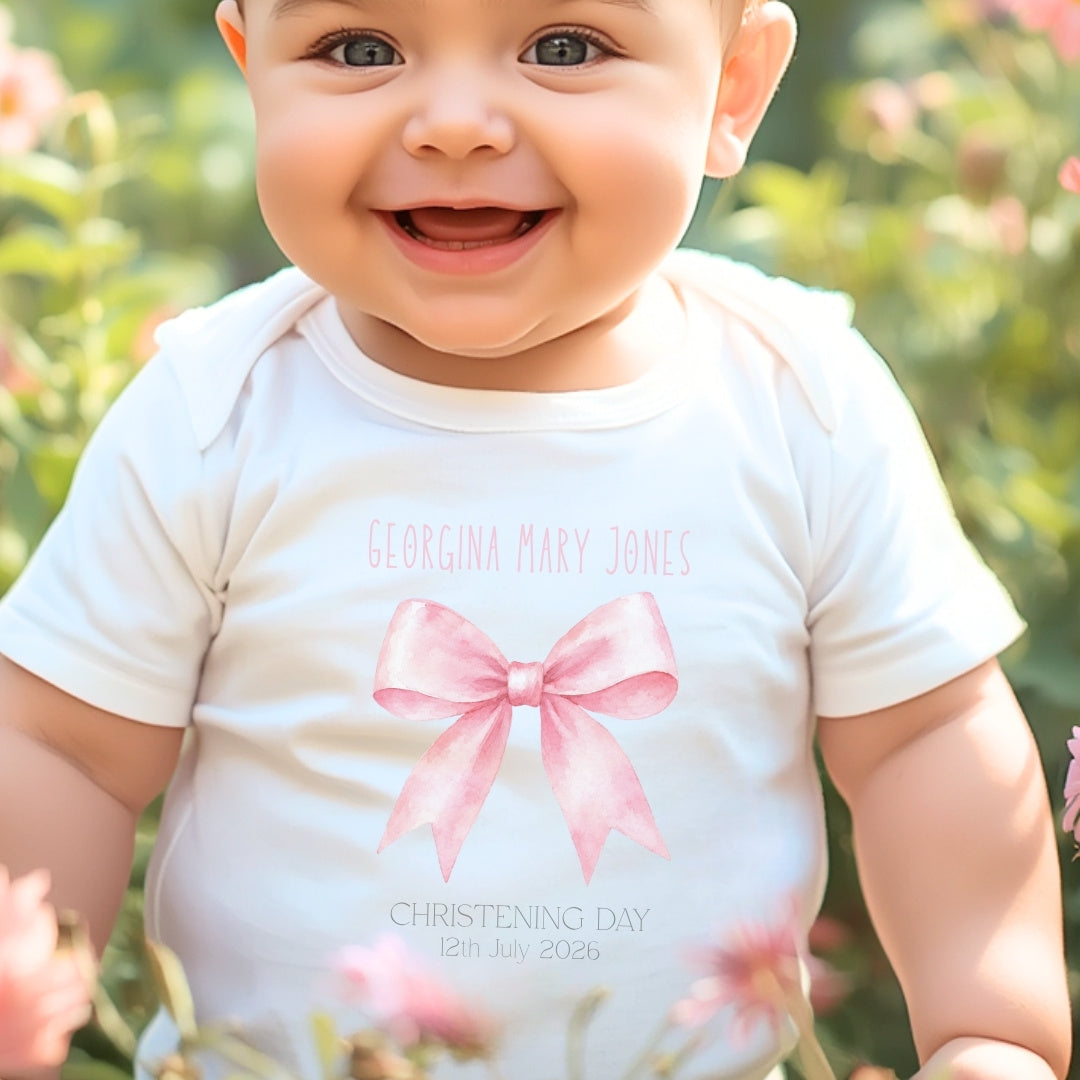 Personalised Pink Bow Christening Baby Grow, Vest or Bib with Name