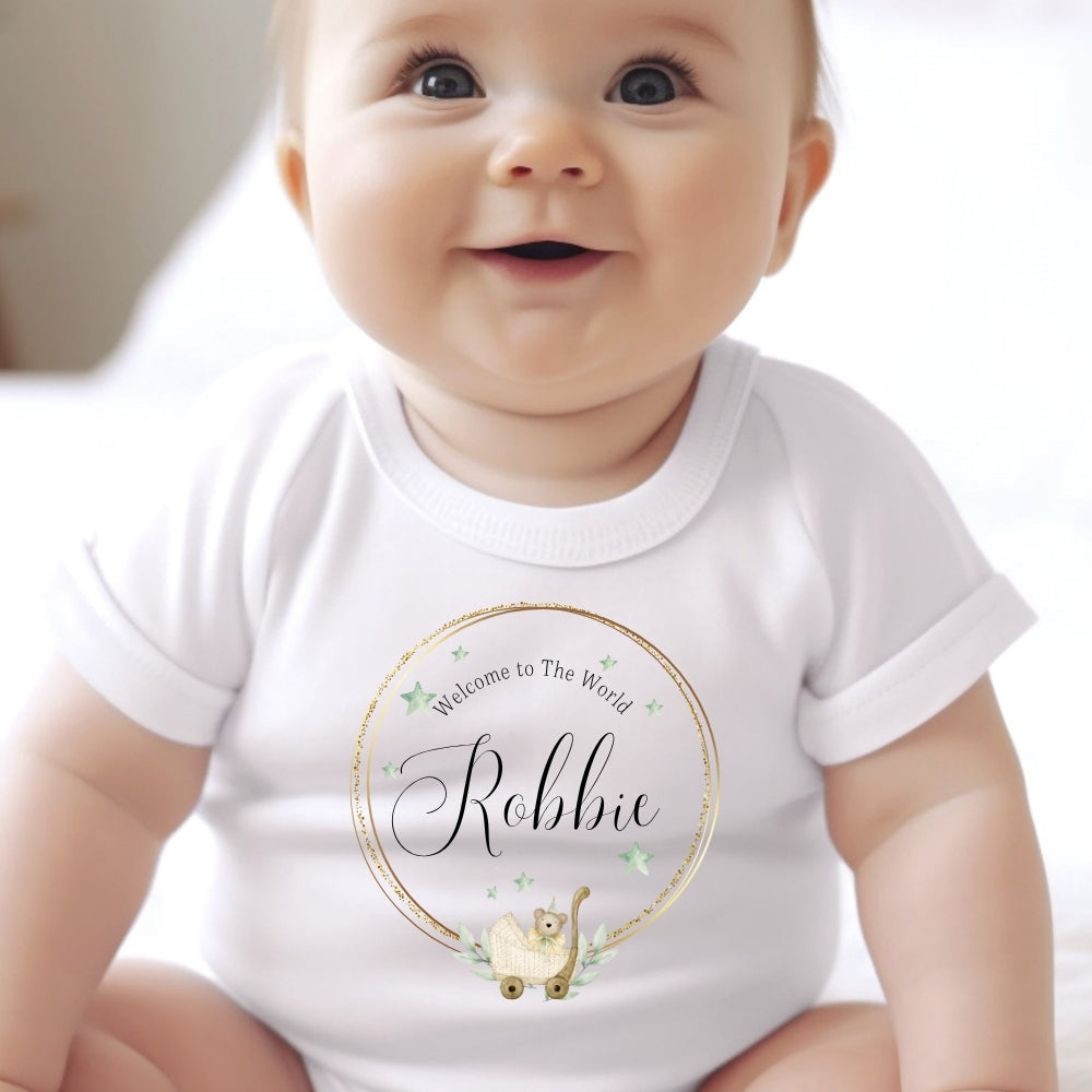 Personalised Welcome to the World Baby Grow, Vest or Bib with Name
