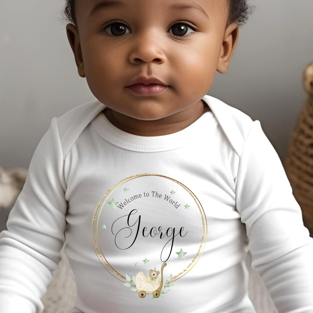 Personalised Welcome to the World Baby Grow, Vest or Bib with Name