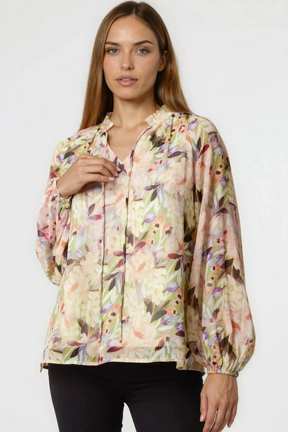 Green Floral Print Tie Neck Blouse