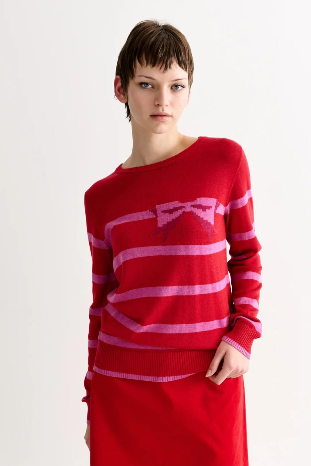 Bly Bow Intarsia Striped Jumper - Red