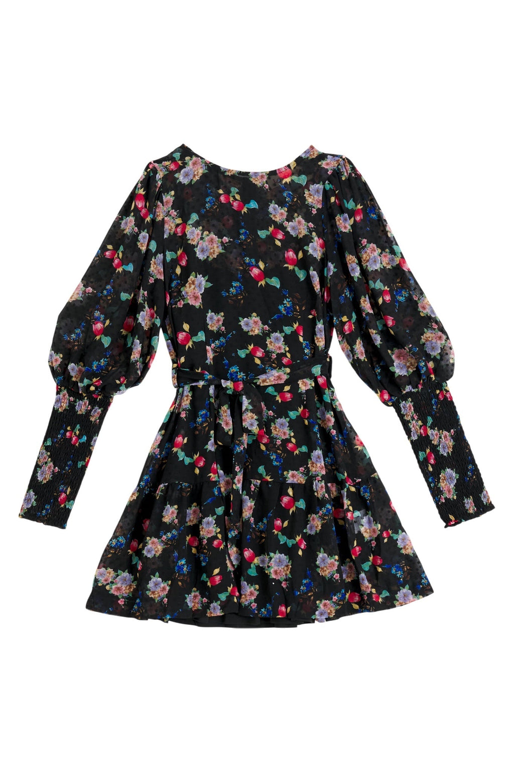 Louche Daphne Carpathian Florals Print Shirred Cuff Tie Waist Mini Dress