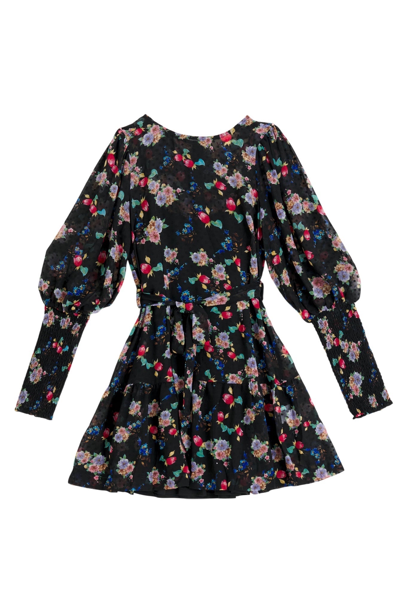 Louche Daphne Carpathian Florals Print Shirred Cuff Tie Waist Mini Dress