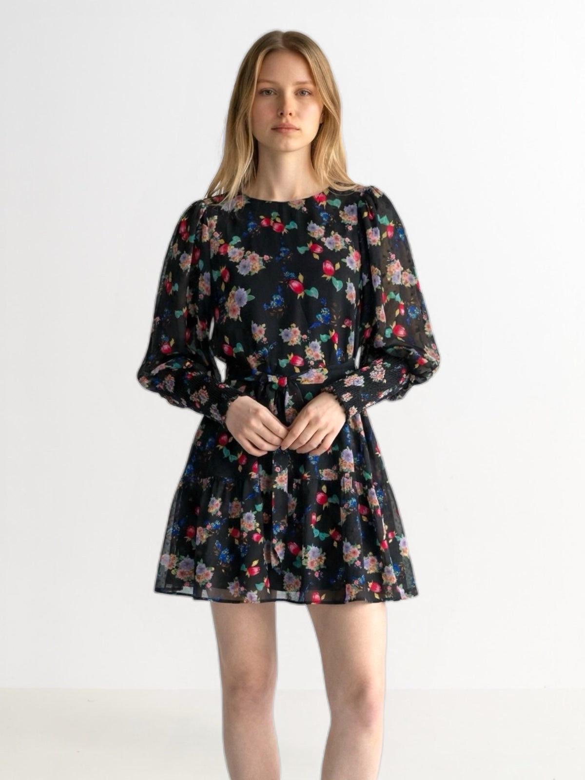 Louche Daphne Carpathian Florals Print Shirred Cuff Tie Waist Mini Dress