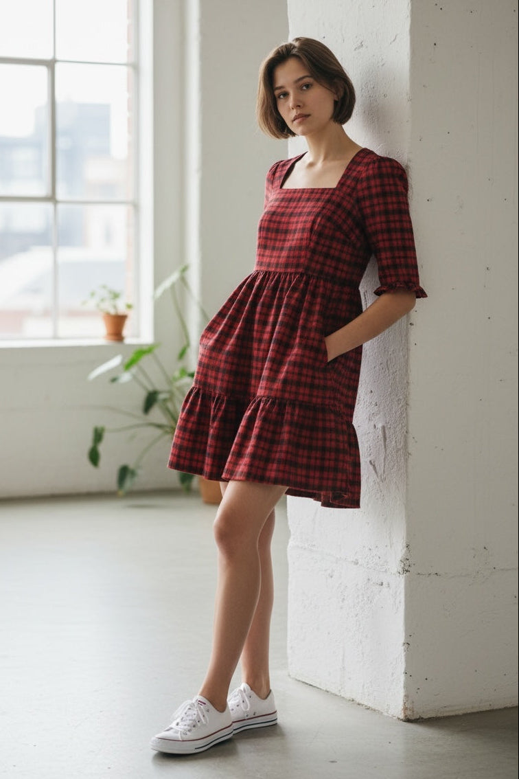 Sassa Winter Gingham Tiered Mini Dress in Red and Black