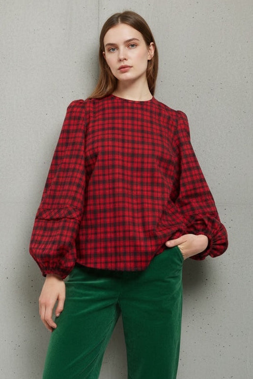 Rivka Winter Gingham Long Sleeve Blouse in Red and Black
