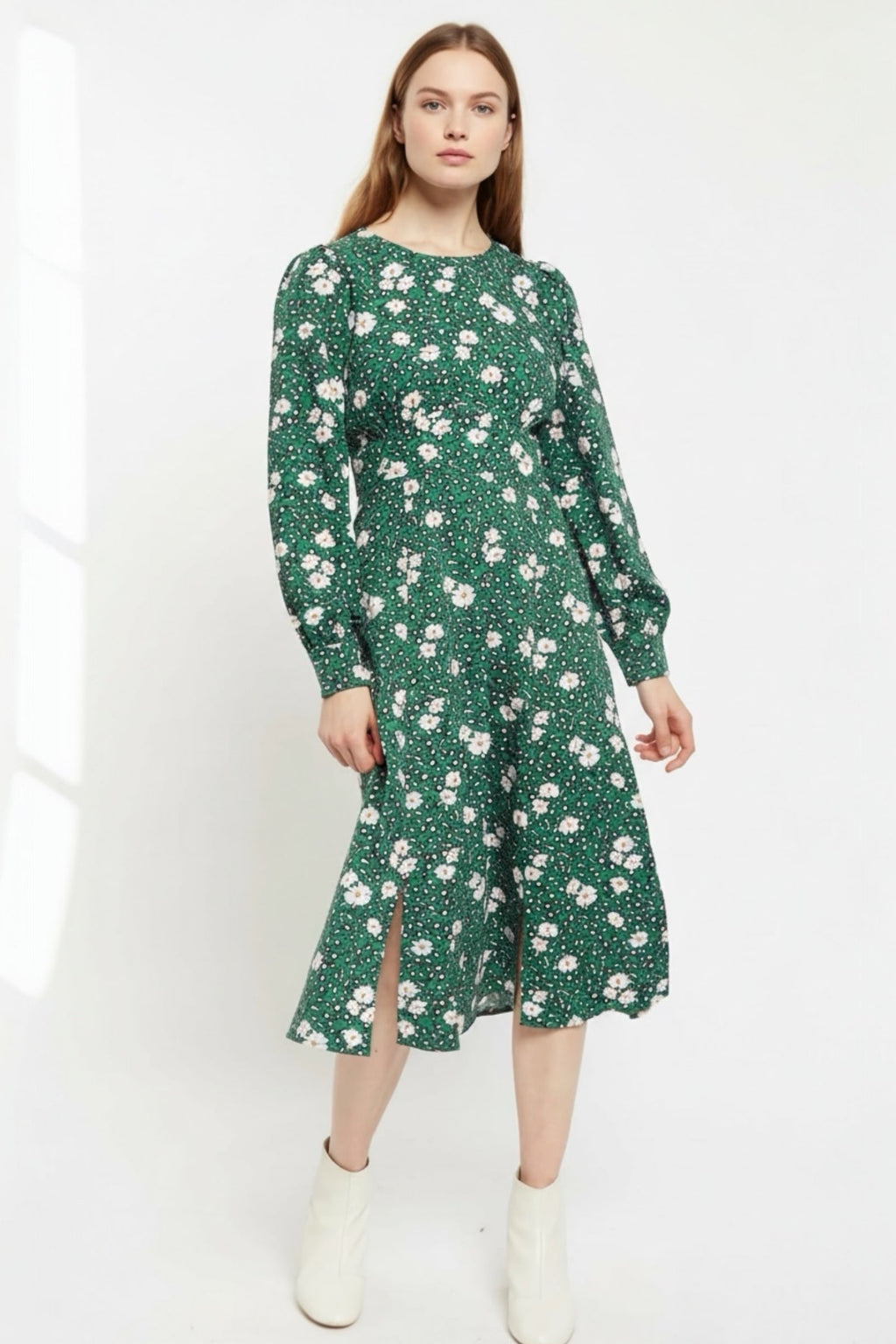 Louche Liv Roaring Daisy Print Long Sleeve Midi Dress - Green