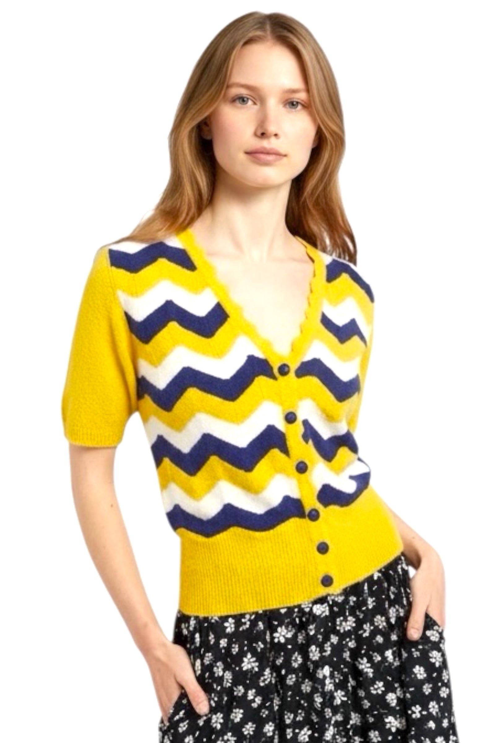 Louche Jeanie Zig Zag Stripe Short Sleeve Cardigan Mustard