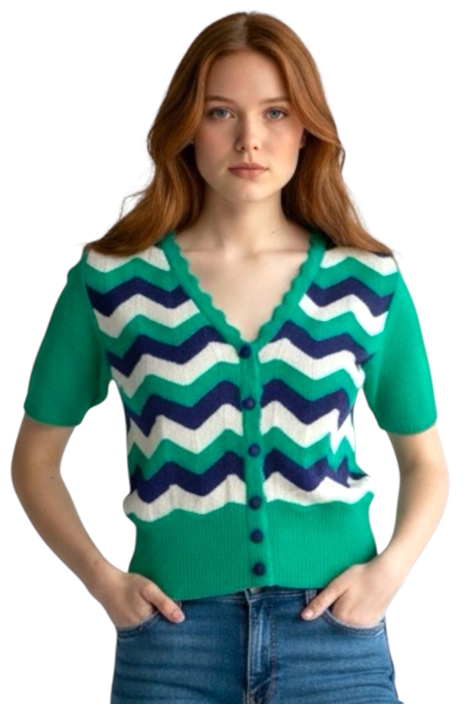 Louche Jeanie Zig Zag Stripe Short Sleeve Cardigan
