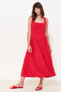 Baya Linen Mix Square Neck Midi Dress - Red