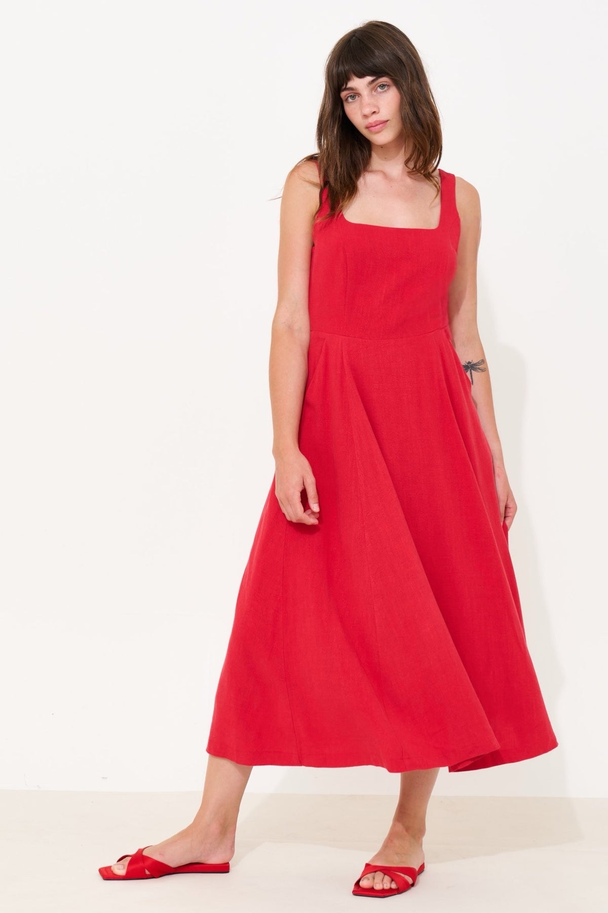 Baya Linen Mix Square Neck Midi Dress - Red