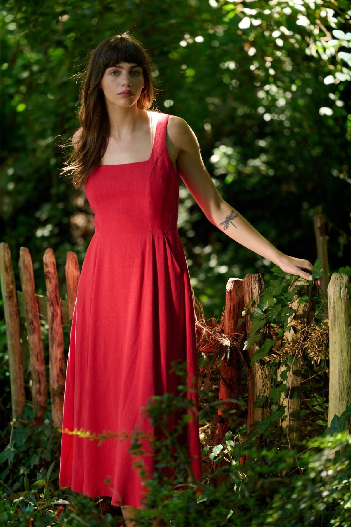 Baya Linen Mix Square Neck Midi Dress - Red