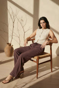 Brown Linen Blend Pin Striped Wide Leg Trousers