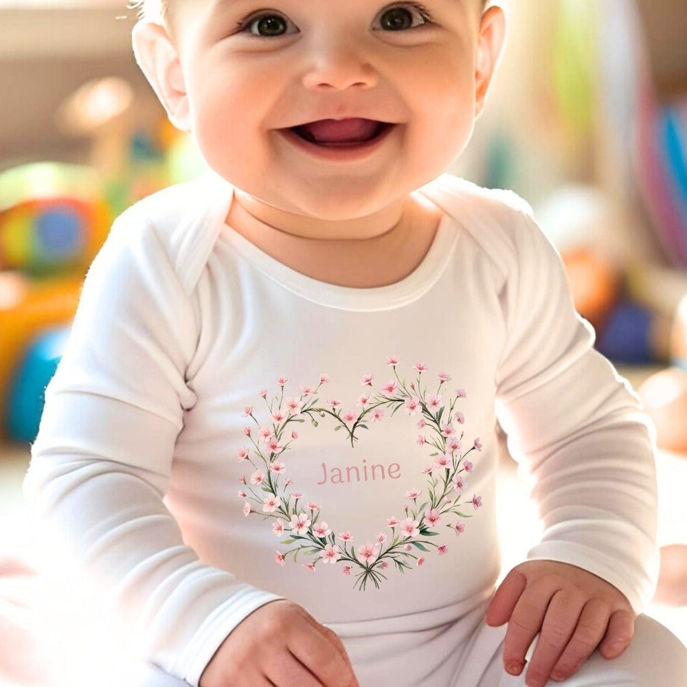 Personalised Pink Floral Heart Baby Grow, Vest or Bib with Name