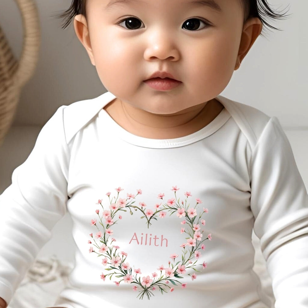 Personalised Pink Floral Heart Baby Grow, Vest or Bib with Name