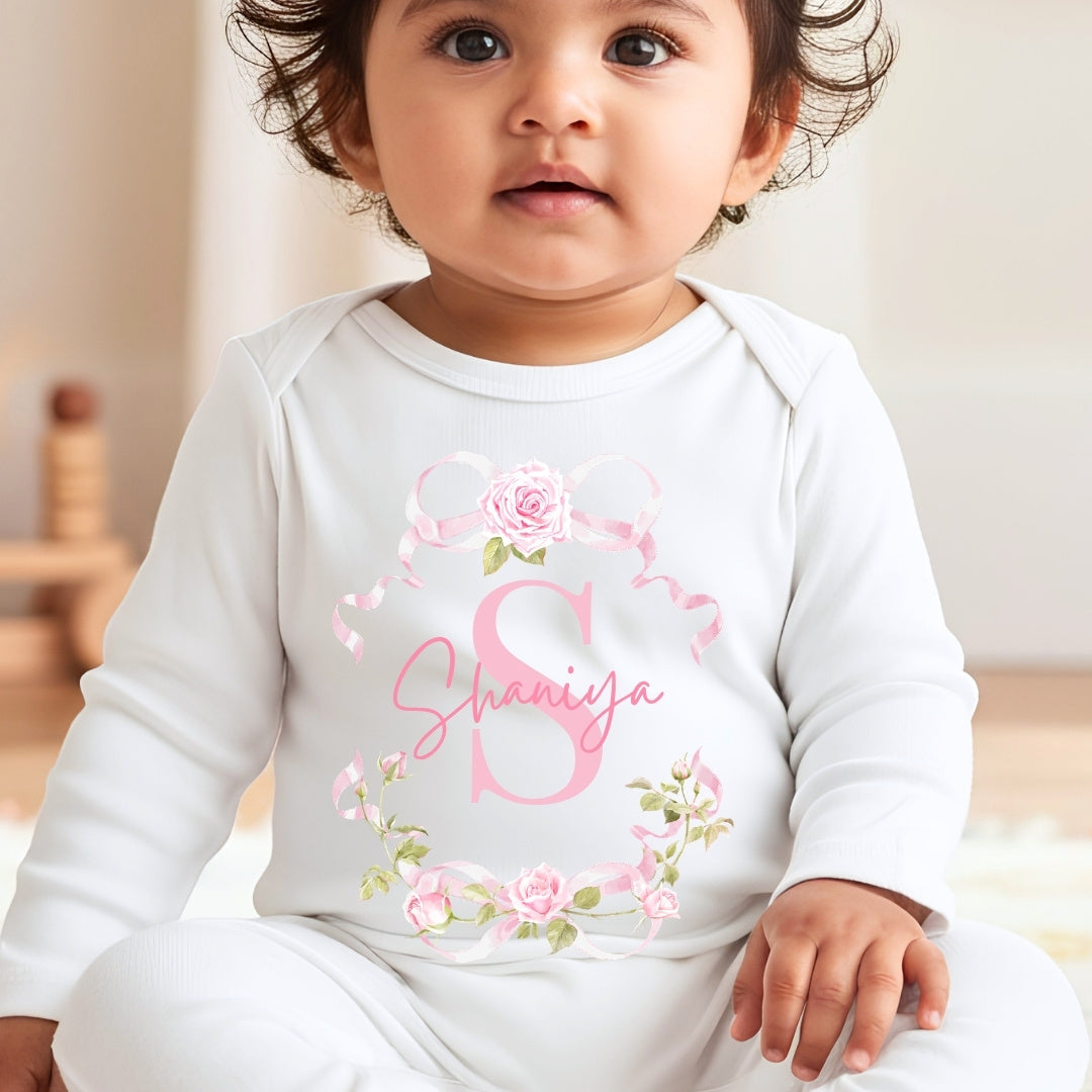 Personalised Pink Roses Baby Grow, Vest or Bib with Name