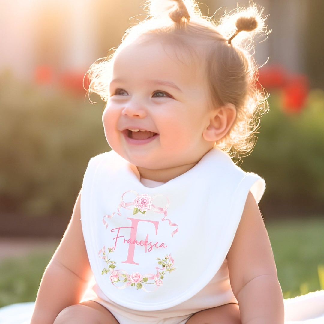 Personalised Pink Roses Baby Grow, Vest or Bib with Name