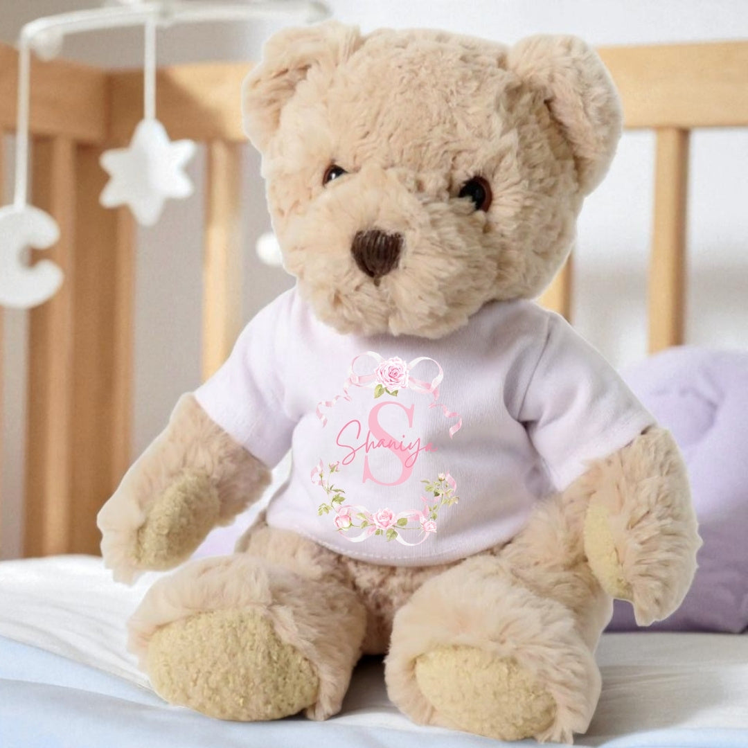 Personalised Luxury Teddy Bear with Pink Roses T-Shirt