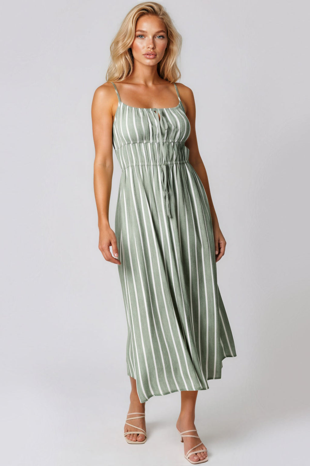 Khaki Pinstripe Tie Front Dress