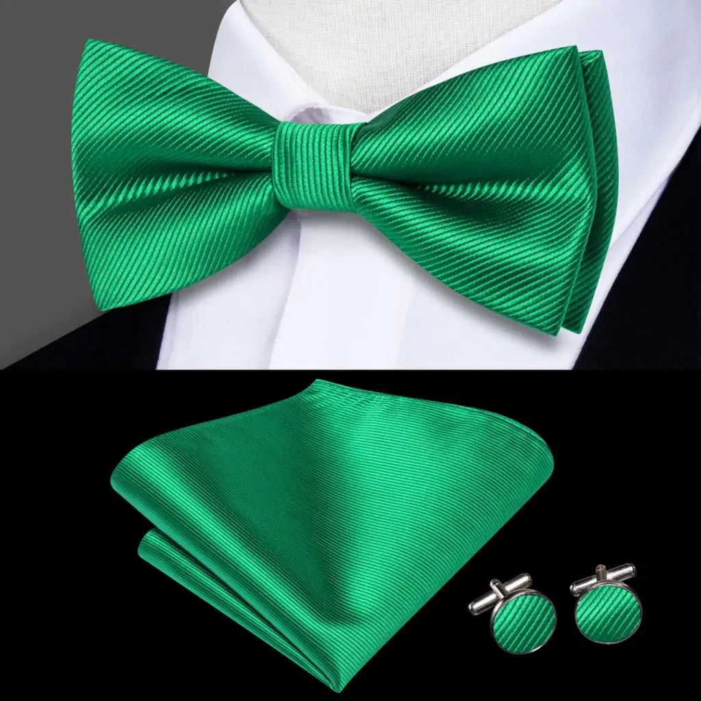 Plain Bright Green Textured Silk Bow Tie - With Matching Cufflinks & Pocket Square