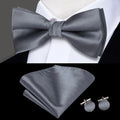 Plain Gray Textured Silk Bow Tie - With Matching Cufflinks & Pocket Square