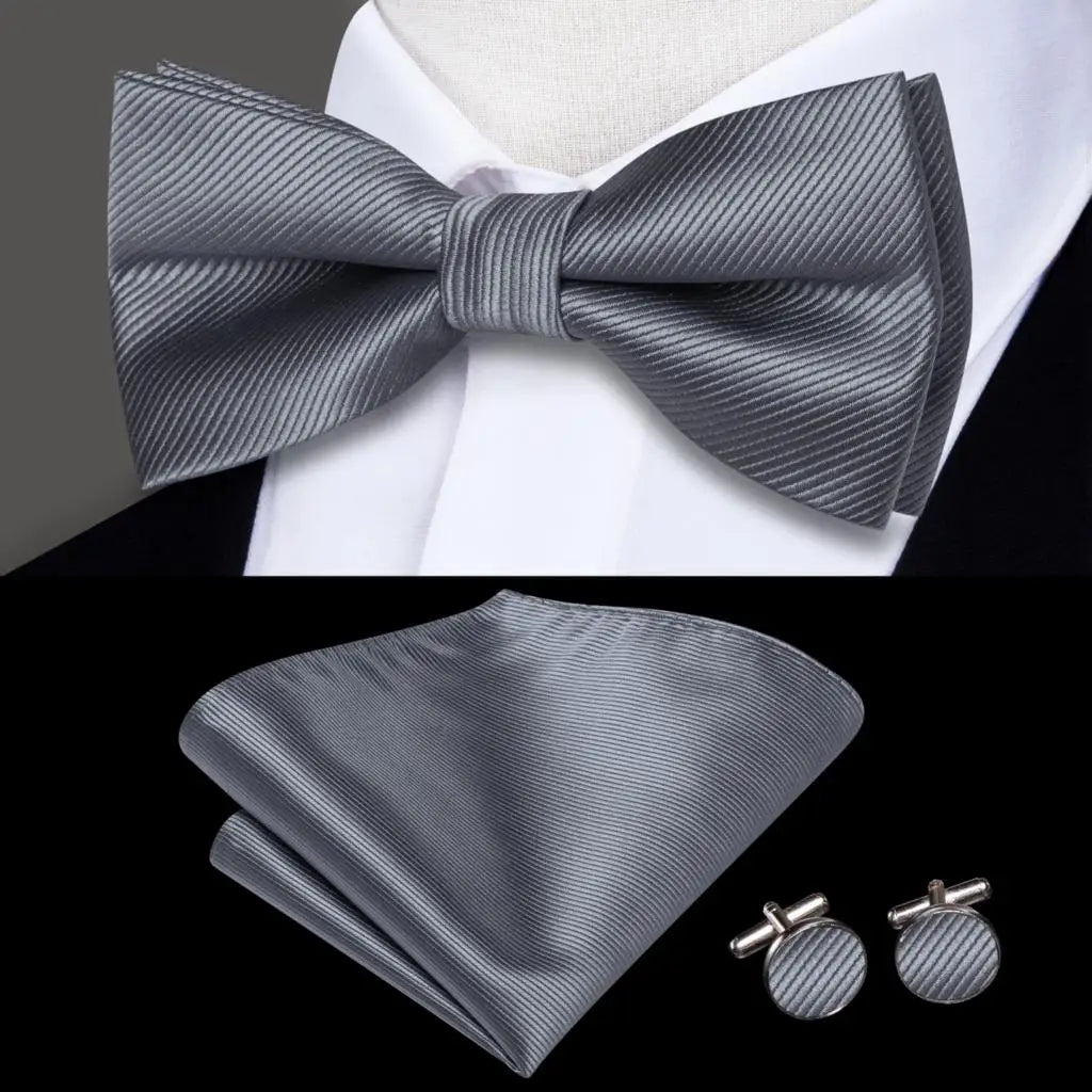 Plain Gray Textured Silk Bow Tie - With Matching Cufflinks & Pocket Square