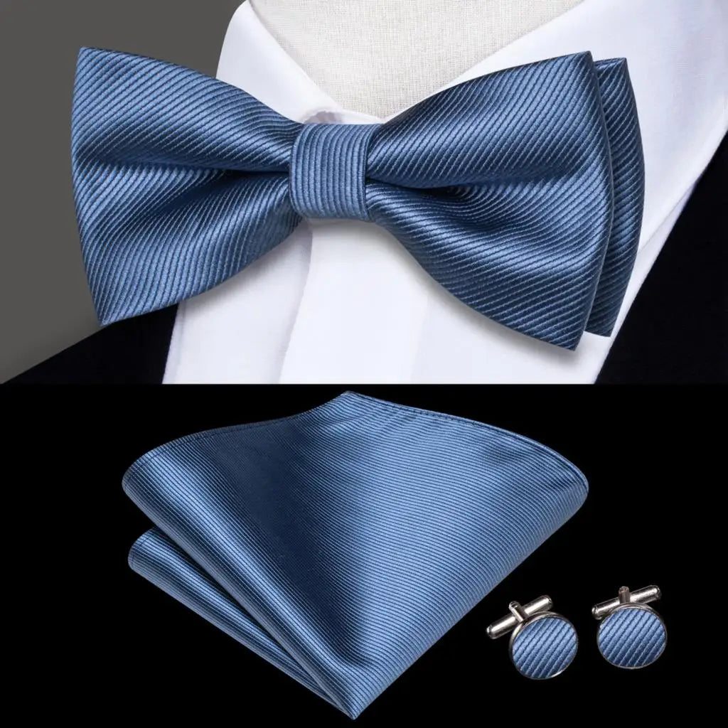 Plain Light Blue Textured Silk Bow Tie - With Matching Cufflinks & Pocket Square