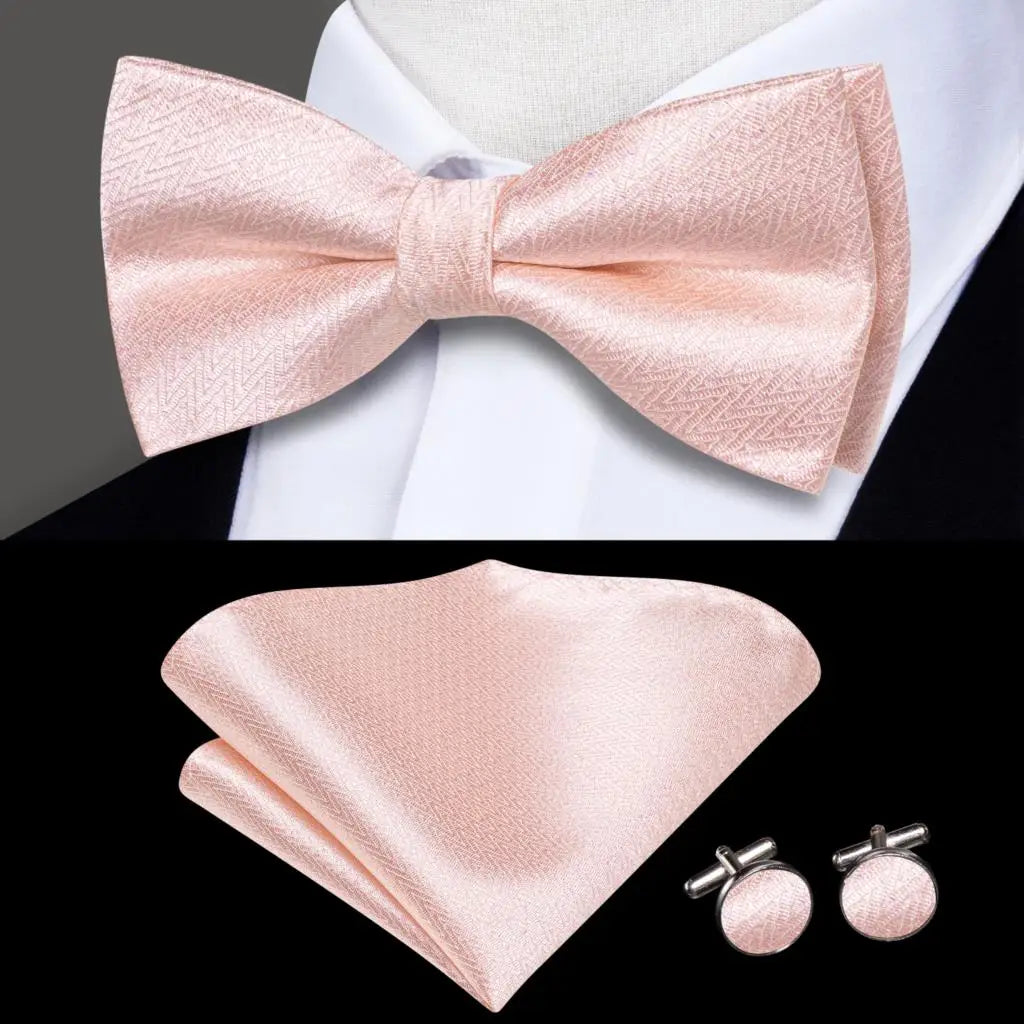 Plain Pink Textured Silk Bow Tie - With Matching Cufflinks & Pocket Square